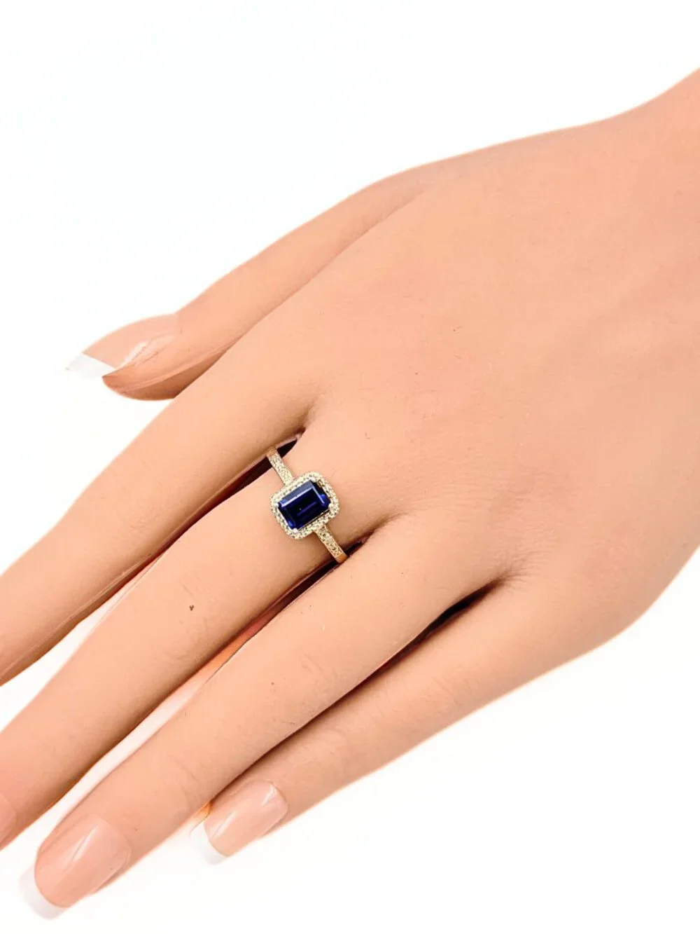 Amazing Art Deco Style Emerald Cut Lab Sapphire Sterling Silver Halo Ring Sz 9